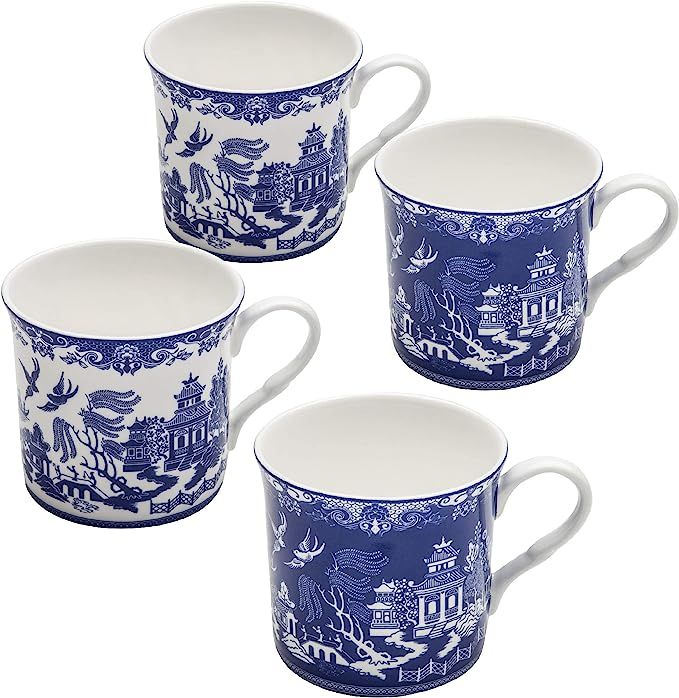 Grace Teaware Blue Willow Bone China Coffee Tea Mugs 10-Ounce (2 Assorted Patterns, Set of 4) | Amazon (US)