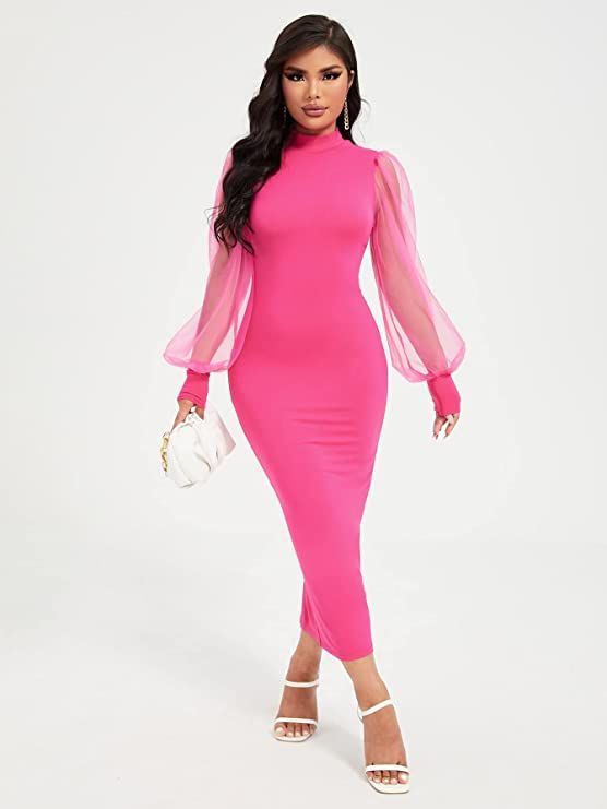 TAMIRA Fall Dresses for Women 2022 Mock Neck Contrast Mesh Lantern Sleeve Split Hem Dress (Color ... | Amazon (US)