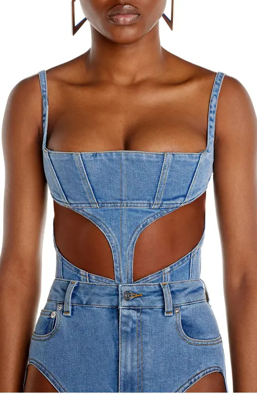 MUGLER Illusion Cutout Corset Top in B6402 Medium Blue /Nude 02 at Nordstrom, Size 4 Us | Nordstrom