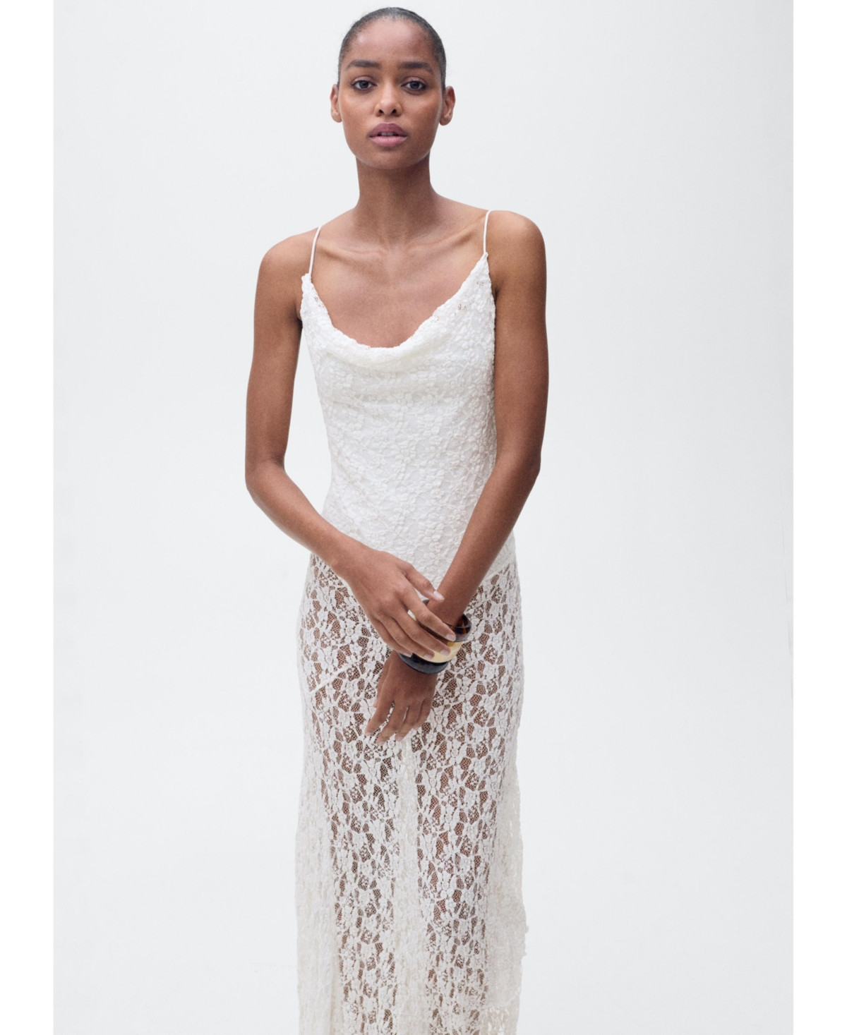 Mango Women's Draped Neck Lace Dress - Off White | Macy's