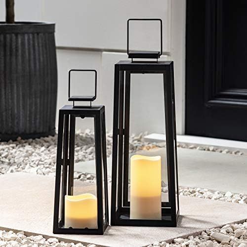 Lights4fun, Inc. Set of Two Black Metal Battery Operated LED Flameless Candle Lanterns for Indoor Ou | Amazon (US)