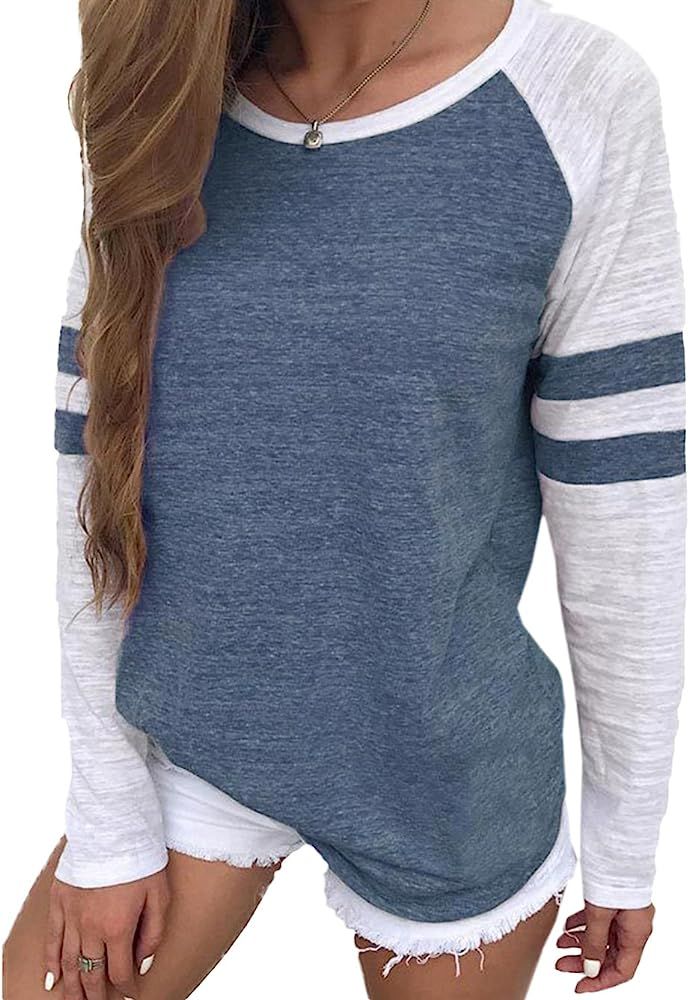 Famulily Women's Long Sleeve Baseball Tee Shirt Crew Neck Colorblock Striped Tops | Amazon (US)