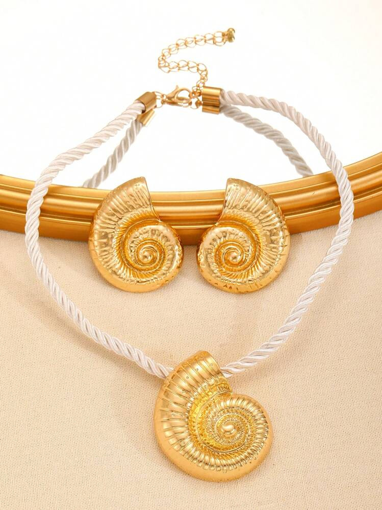 3pcs/Set Fashionable Beach Style Exaggerated Seashell & Conch Pendant Necklace & Earrings Jewelry Set For Women, Suitable For Travel, Beach, Summer, Daily Wear, Party | SHEIN