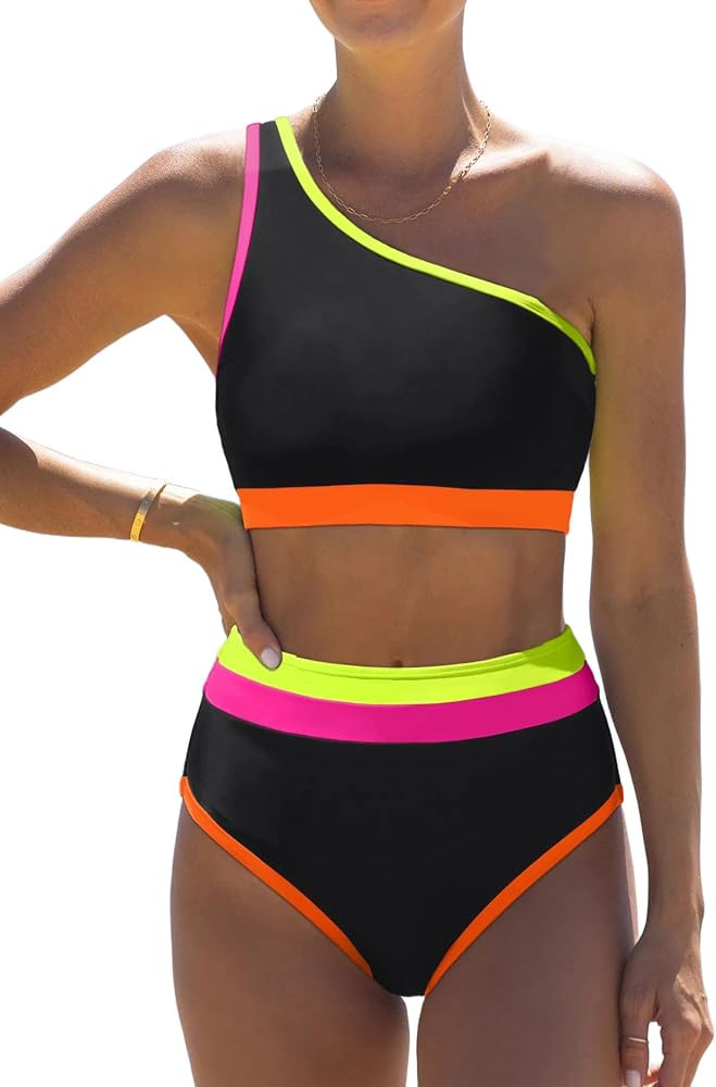 popvil Women's One Shoulder Swimsuit : Neon 2 Piece High Waisted Bikini Sets Cute 2026 Color Bloc... | Amazon (US)