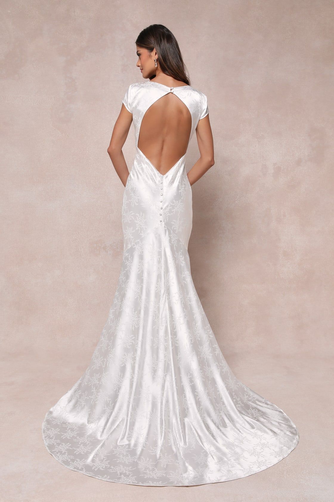 Loveliest Dream White Satin Jacquard Backless Mermaid Maxi Dress | Lulus