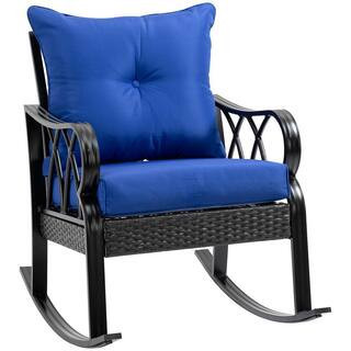 Wicker Outdoor Rocking Chair with Blue Padded Cushion | The Home Depot