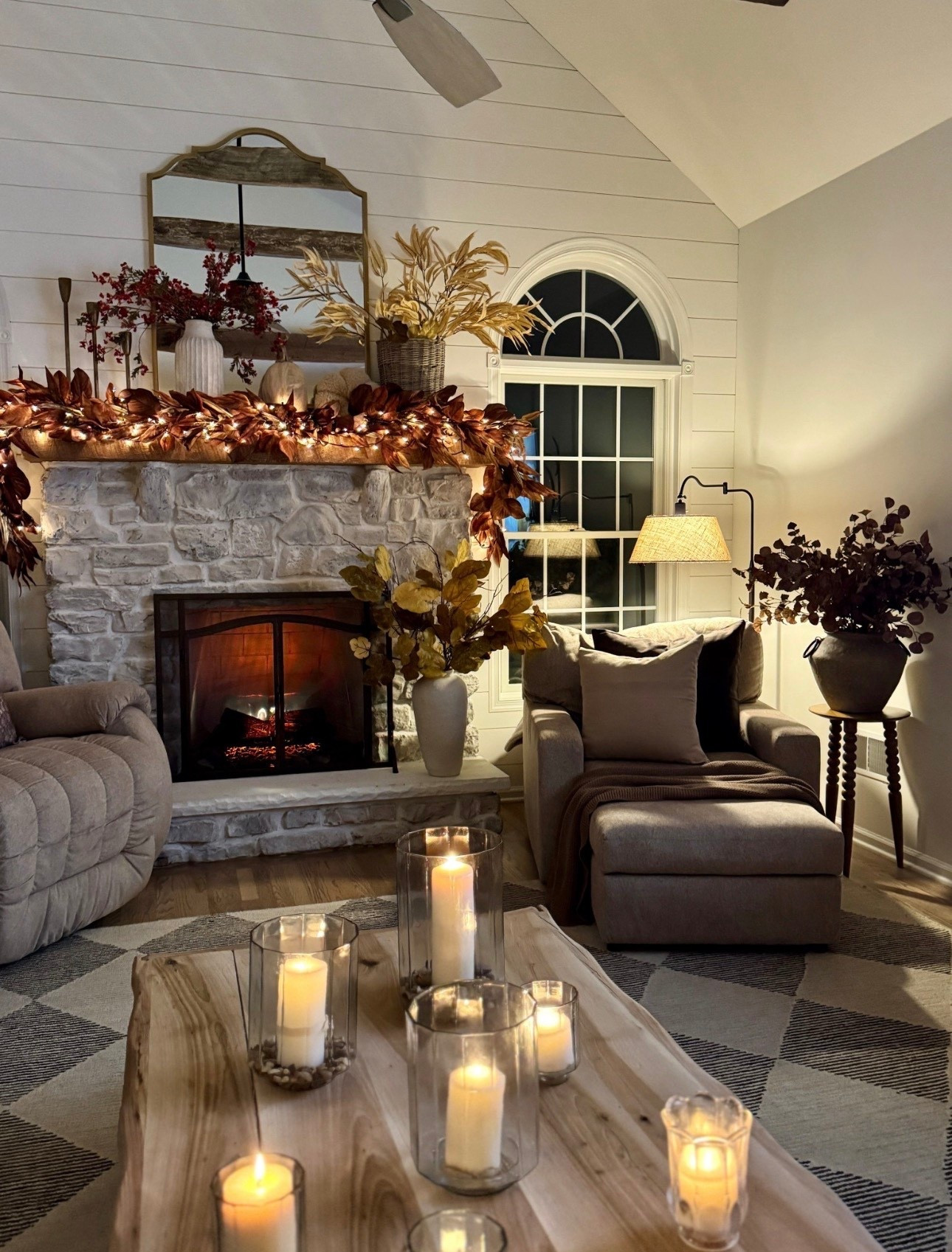 Only 6 months until October!! 🎃 

Clear glass hurricane candle holders, solid wood accent table, curved floor lamp with  linen shade, fall stems, pretty neutral throw pillow covers, beautiful fall fireplace garland, custom reclaimed wood coffee table, electric fireplace insert, large birch logs, neutral beige and charcoal area rug, my favorite burning pillar candles and more.

#LTKHome #LTKSeasonal
