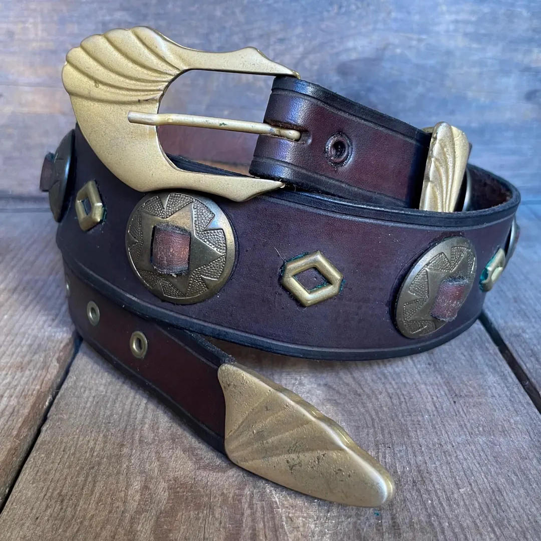 Vintage Concho Belt Southwest Brown Leather Matte Gold Buckle & Tip - Etsy | Etsy (US)