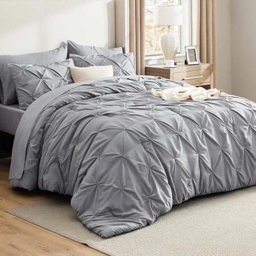 Bedsure California King Comforter Set Grey - Bed in a Bag Cal King Bedding Set 7 Pieces, GentleSoft™ Pintuck Bed Set Gift for Family, Pinch Pleat Grey Comforter with Sheets, Pillowcases & Shams | Amazon (US)