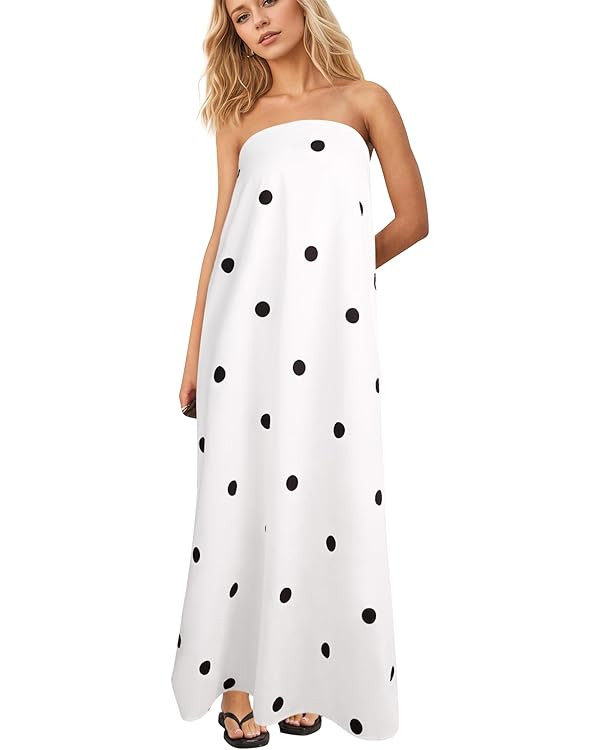 Women Polka Dot Strapless Maxi Dress Summer Flowy A Line Ruffle Backless Off Shoulder Long Tube D... | Amazon (US)