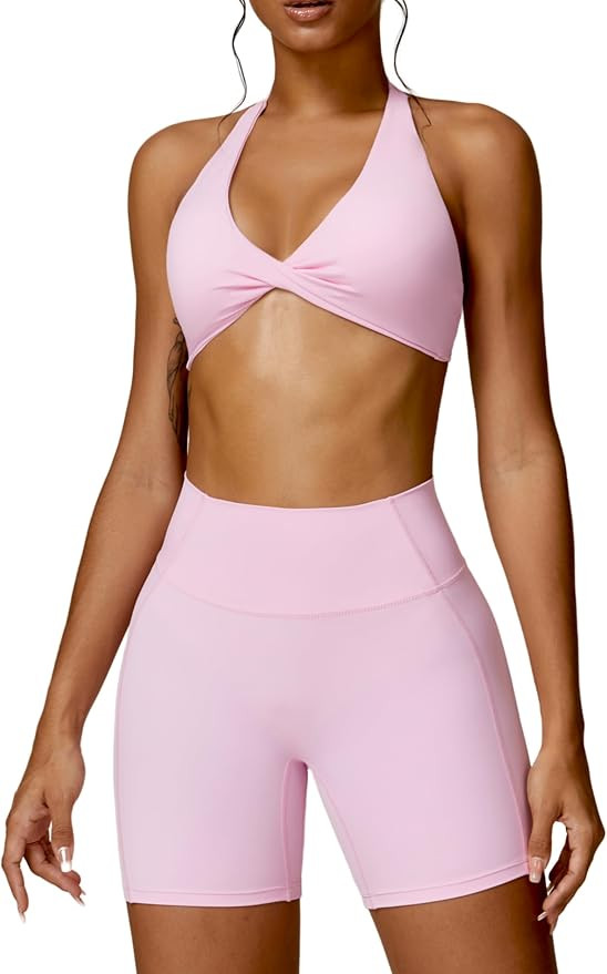 ABOCIW Workout Sets for Women Twist Front Halter Neck Sports Bra High Waist Biker Shorts 2 Piece ... | Amazon (US)