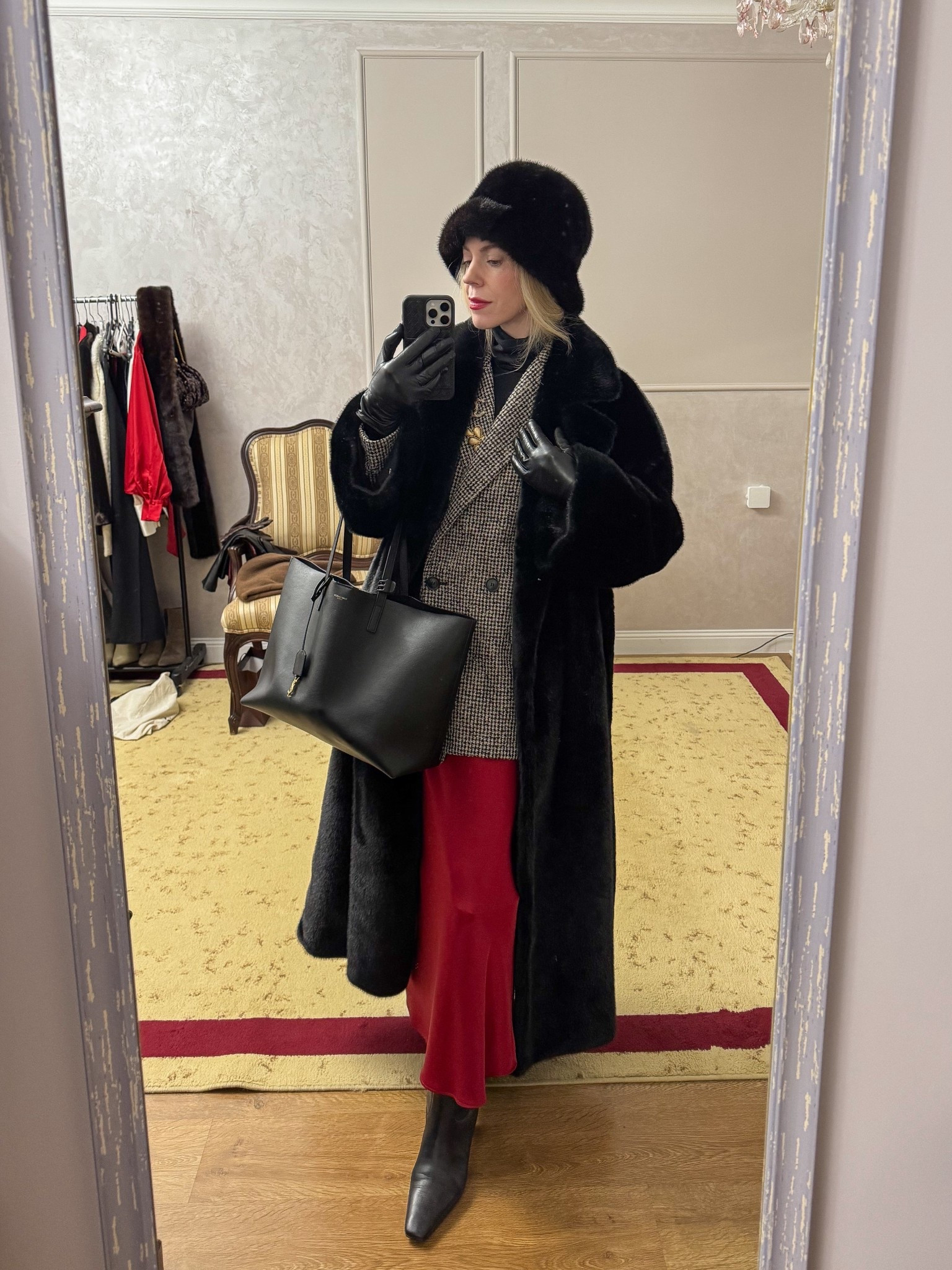 Winter work wear look, vintage mink coat, tweed blazer, red satin skirt, leather gloves, office style, style over 40

#LTKFindsUnder100 #LTKOver40 #LTKWorkwear