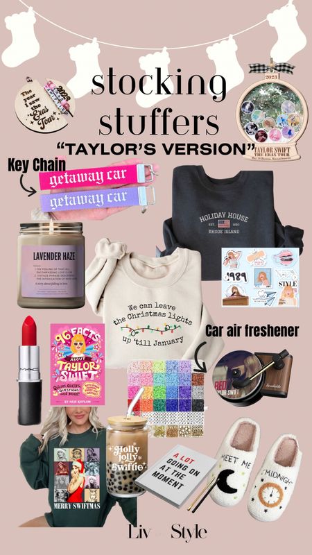 The perfect stocking stuffers for the
Swiftie in your life! Era’s Ornaments, Getaway Car keychain, sweatshirts, 2024 calendar, stickers, red lipstick, friendship bracelet making kit, the cutest mini record player car freshener, lavender haze candle, glass tumbler, midnight slippers  and a journal because there is “a lot going on at the moment!” #swiftie #stockingstuffer

#LTKGiftGuide #LTKHoliday #LTKfindsunder50