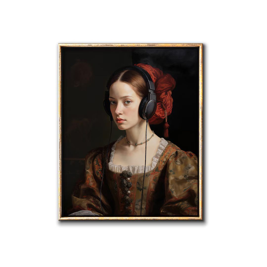 Neo Renaissance Portrait Digital Prints, Bohemian Painting of a Girl Wearing Earphones Downloadab... | Etsy (US)
