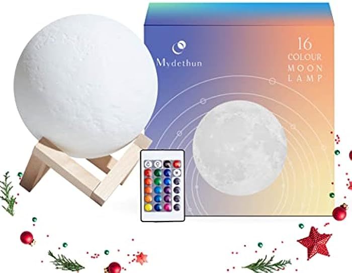 Mydethun 16 Colors LED 3D Moon Lamp with Wooden Stand, 4.7 inches - Remote Control, USB Charging, LE | Amazon (US)