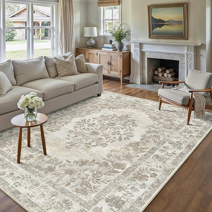 Taupe Area Rug 6x9 Washable Vintage Carpet for Living Room Bedroom Large Soft Retro Low Pile Thin... | Amazon (CA)