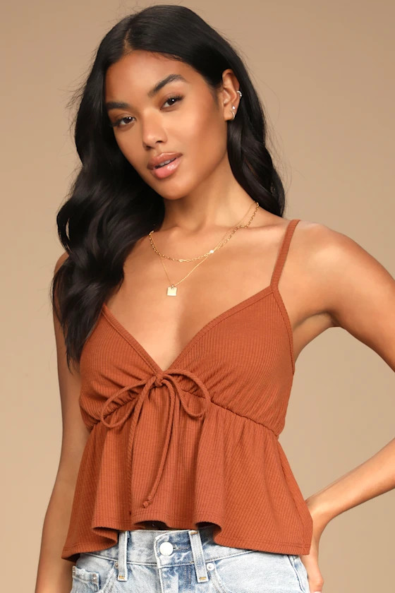Sunny Mood Burnt Orange Ribbed Tie-Front Cami Top | Lulus (US)