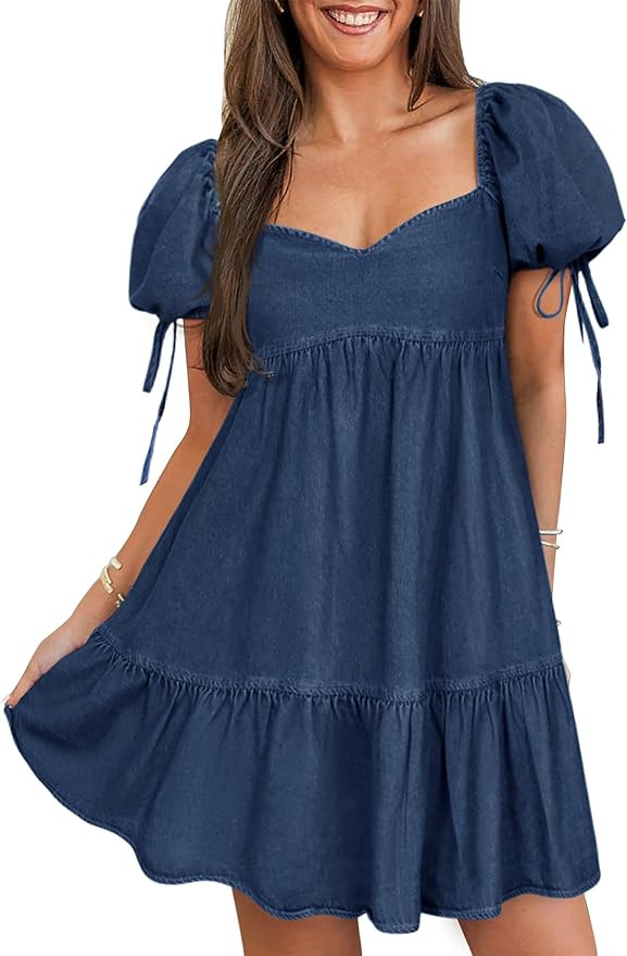 Denim Dress for Women Puff Short Sleeve Jean Dresses Sweetheart Neck Denim Mini Dress       
    ... | Amazon (US)