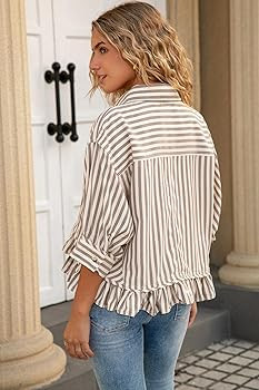 CHYRII Womens Summer Tops Dressy Casual Blouse Top Ruffled Short Sleeve Button Down Striped Shirt | Amazon (US)