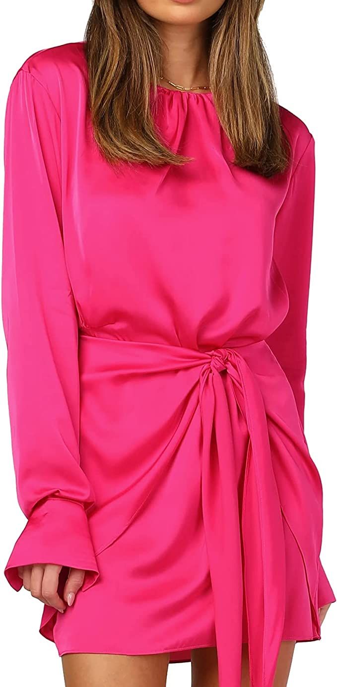 R.Vivimos Women's Satin Dress Long Sleeve Casual Wrap Ruched Tie Waist Party Mini Dress | Amazon (US)