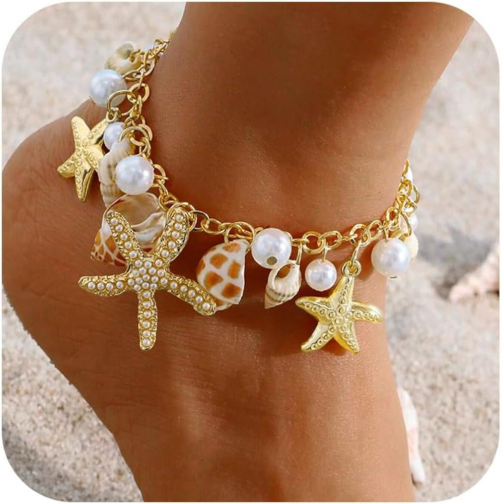 Shell Ankle Bracelet Set for Women, Gold Boho Bead Adjustable Anklet, Hawaiian Beach Seashell Pea... | Amazon (US)