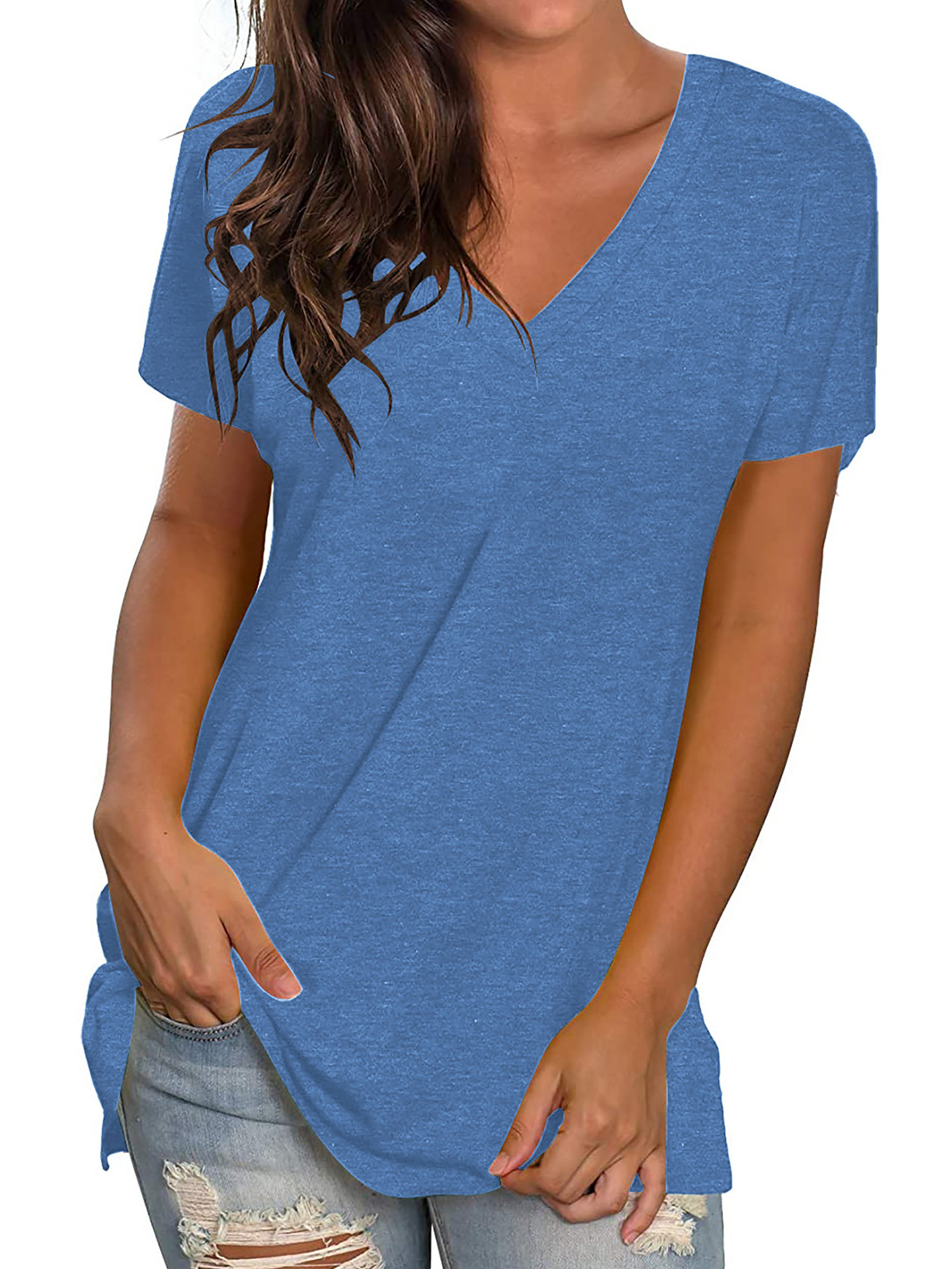 Blue T Shirts For Women T Shirts V Neck Loose Fitting Summer Tops Short Sleeve | Walmart (US)