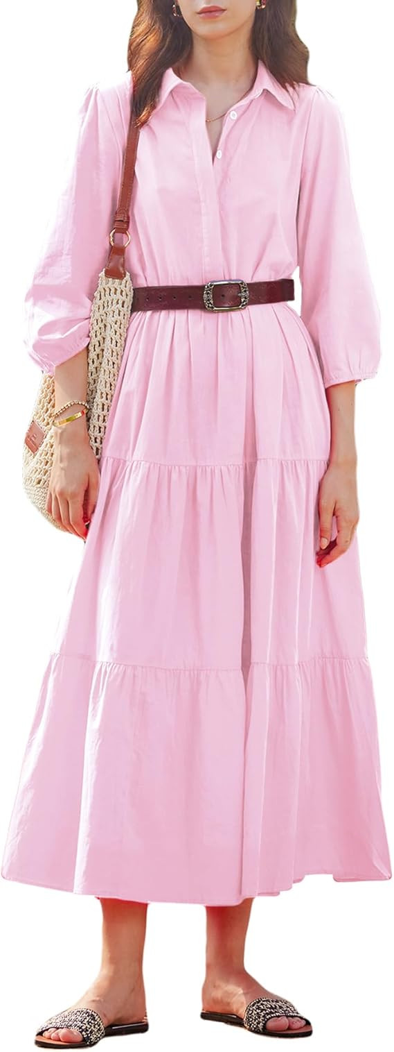 Women Flowy Maxi Dresses Casual V Neck Smocked Tiered Babydoll Sundress Beach Long Skirt with Poc... | Amazon (US)