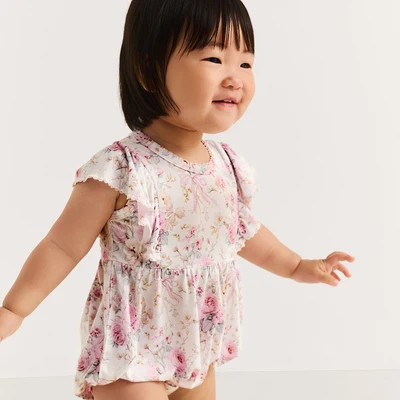Roberta Flutter Sleeve Picot Bubble Romper 3-6 months / Pink | Posh Peanut