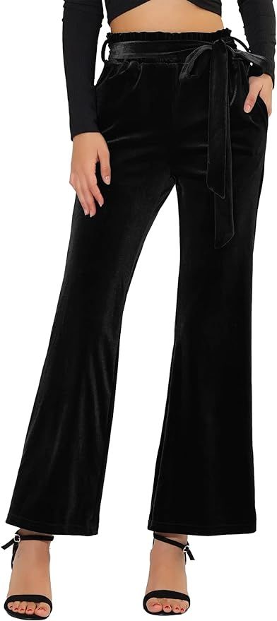 Allegra K Women's Velvet Pants Halloween Tie Waist Stretchy Wide Leg Pants with Pockets | Amazon (US)