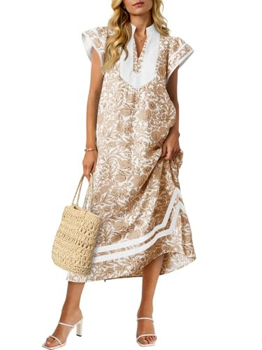 Wenrine Womens Summer Floral Maxi Dress Casual Short Cap Sleeve V Neck Color Block Side Slit Loose Boho Beach Dresses Brown | Amazon (US)