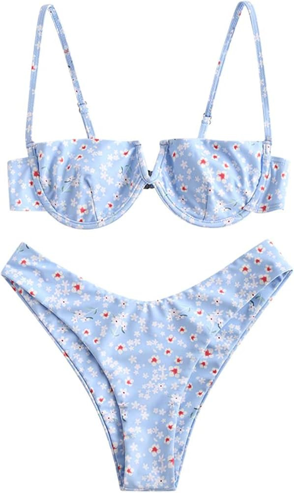 ZAFUL Women's Underwire Bikini Floral High Cut Bikini Set V-Wired Two Piece Swimsuit Bathing Suit | Amazon (US)