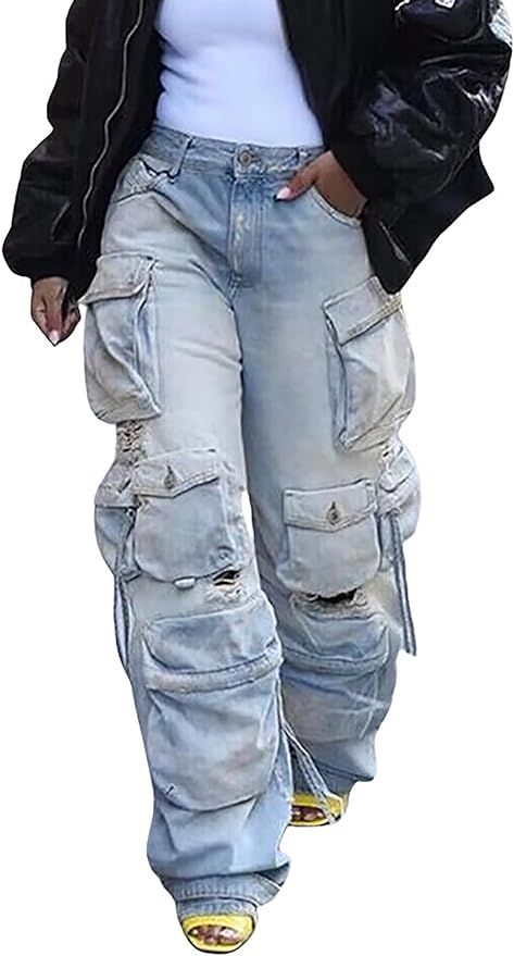 Womens Baggy Jeans Cargo Pants Y2K High Waisted Distressed Street Denim Wide Leg Trousers with Po... | Amazon (US)