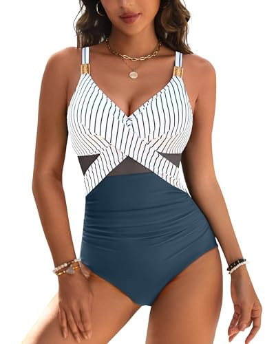 Blooming Jelly Womens One Piece Swimsuit Tummy Control Bathing Suit Metal Push Up Swim Suits 2026 (L, Striped Blue) | Amazon (US)