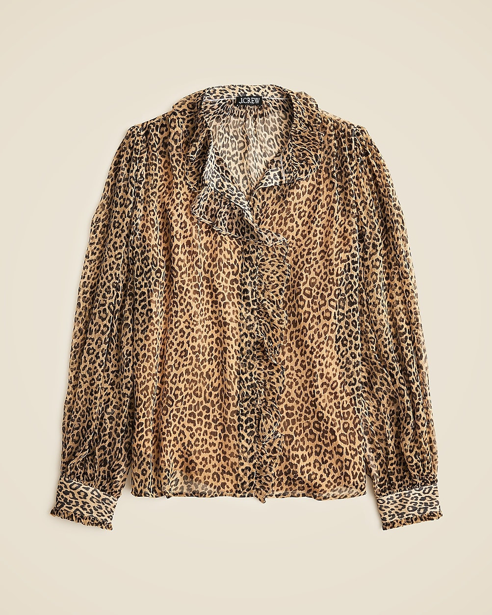 Ruffle button-up shirt in leopard-print crinkle chiffon | J. Crew US