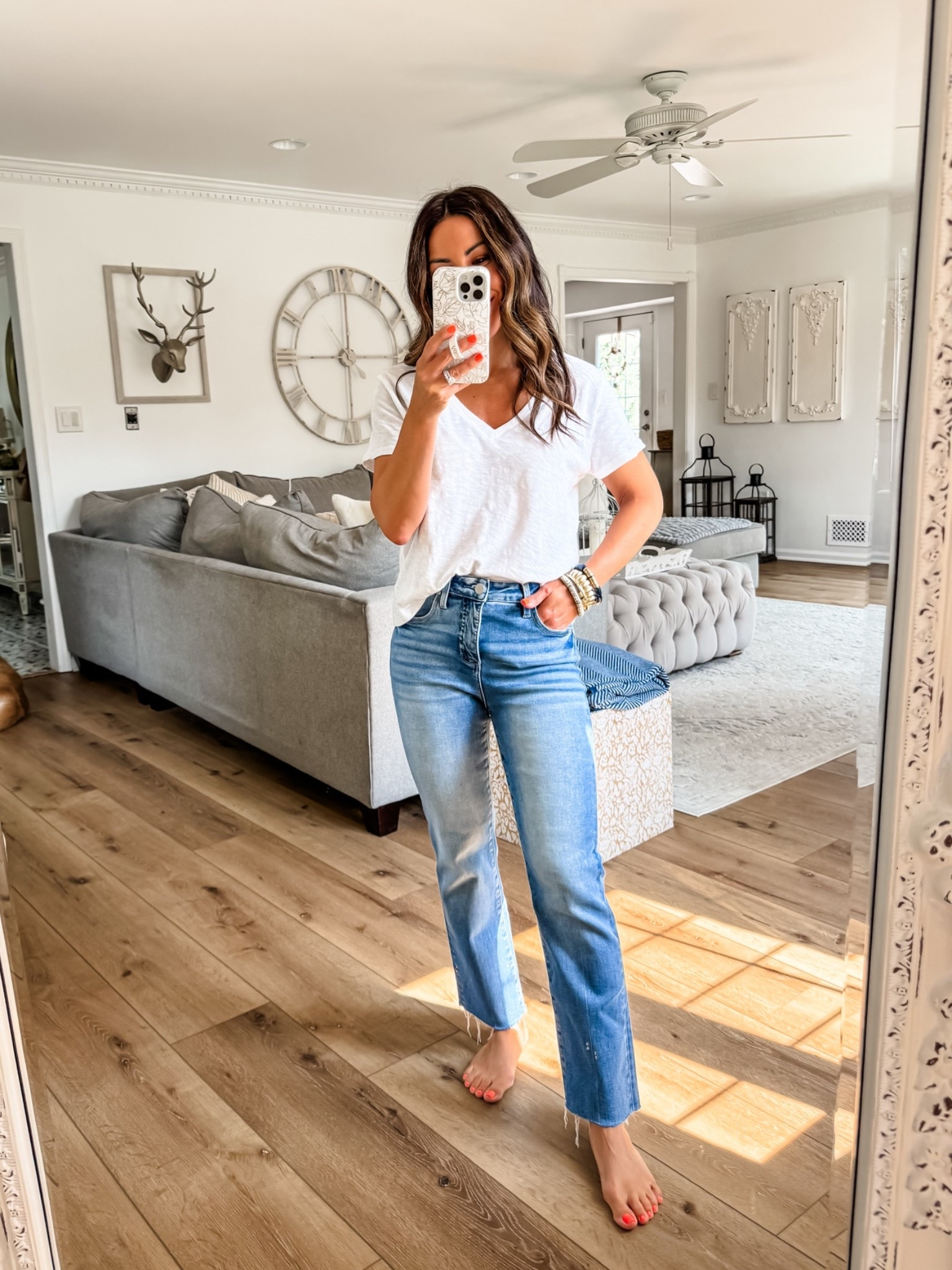 Straight leg jeans, 25. I cut them. XS white V-neck T-shirt.

#LTKOver40 #LTKPetite