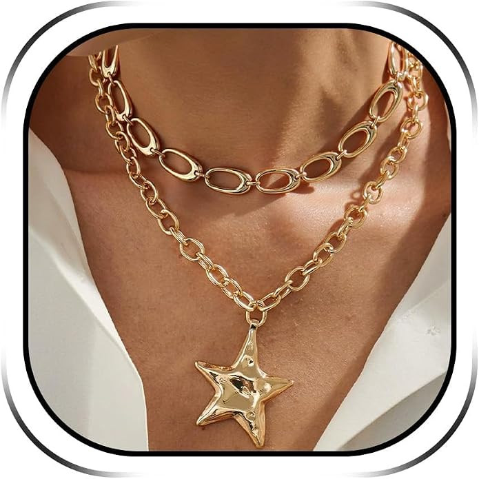 Star Necklace for Women Gold Tone Chunky Pendant Long Chain Layered Choker Punk Statement Jewelry... | Amazon (US)