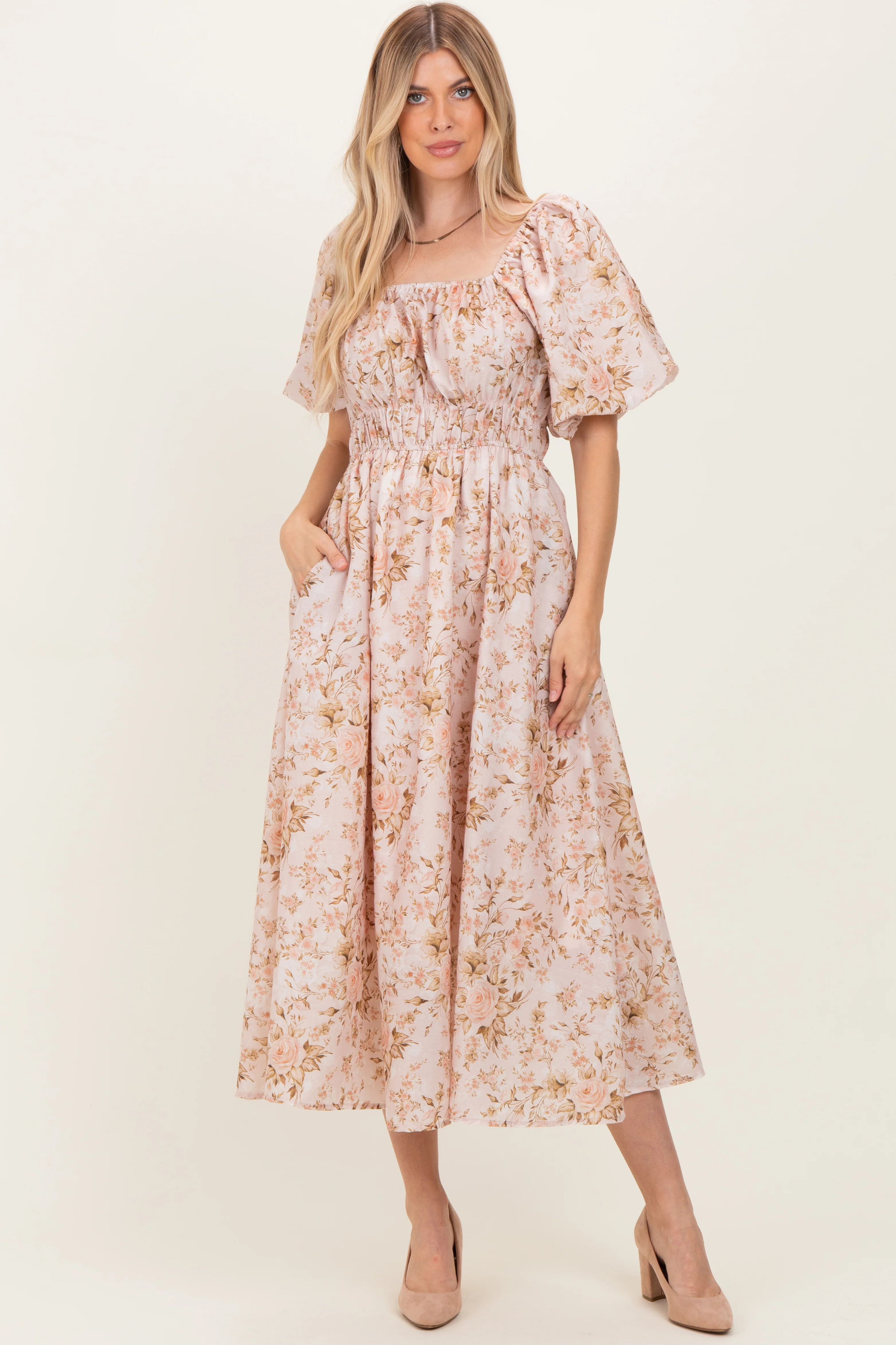 Beige Floral Puff Sleeve Midi Dress | PinkBlush Maternity