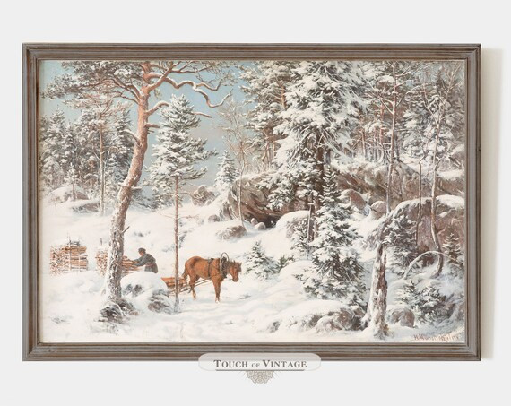 Printable Vintage painting of a forest in the snow, antique winter wall art, woodlands christmas ... | Etsy (US)