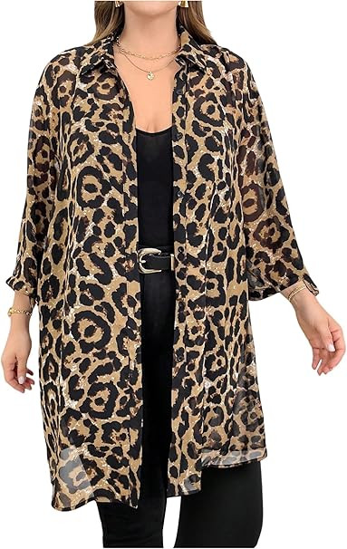Floerns Women's Plus Size Leopard Button Down Blouse Roll Up 3/4 Sleeve Vintage Shirts | Amazon (US)