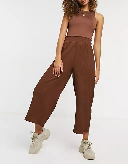 ASOS DESIGN textured shirred waist culotte pant in brown | ASOS (Global)