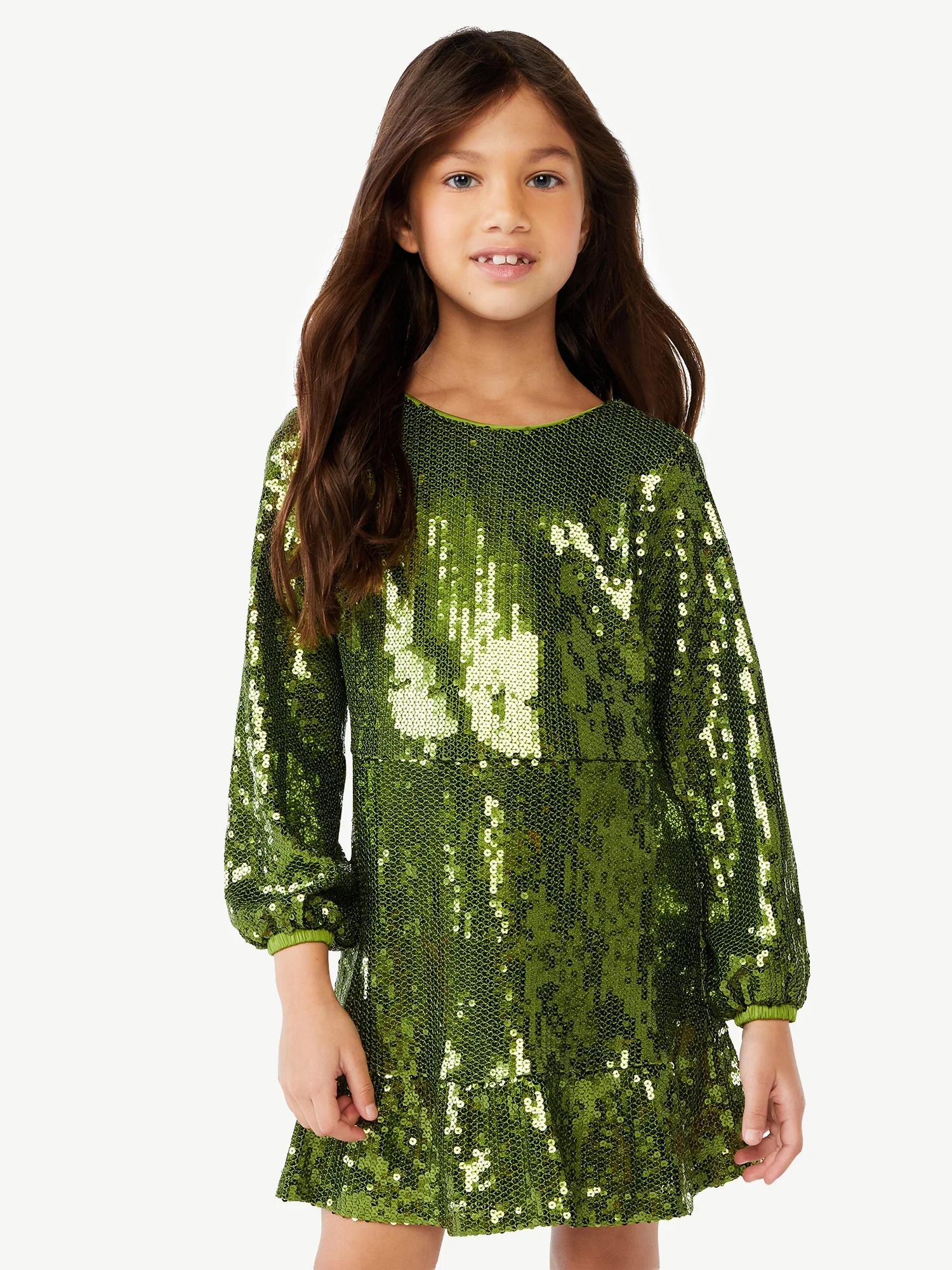Scoop Girls Ruffle Tier Sequin Dress with Long Sleeves, Sizes 4-12 - Walmart.com | Walmart (US)