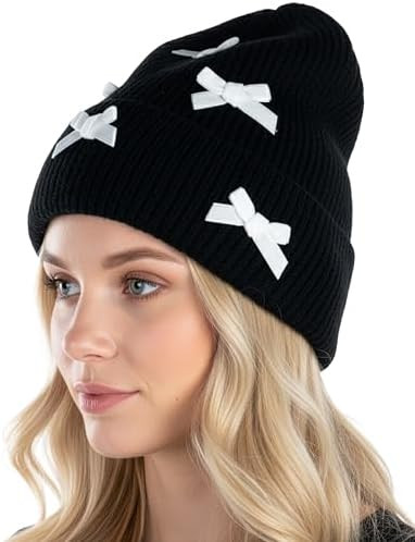 Funky Junque Women's Soft Chenille Beanie - Warm Stretchy Knit Winter Hat with Bows | Amazon (US)
