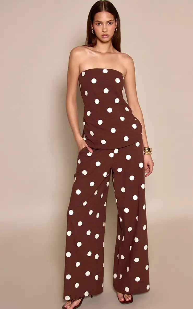 Dark Brown Polka Dot Cotton Tailored Trouser | PrettyLittleThing UK