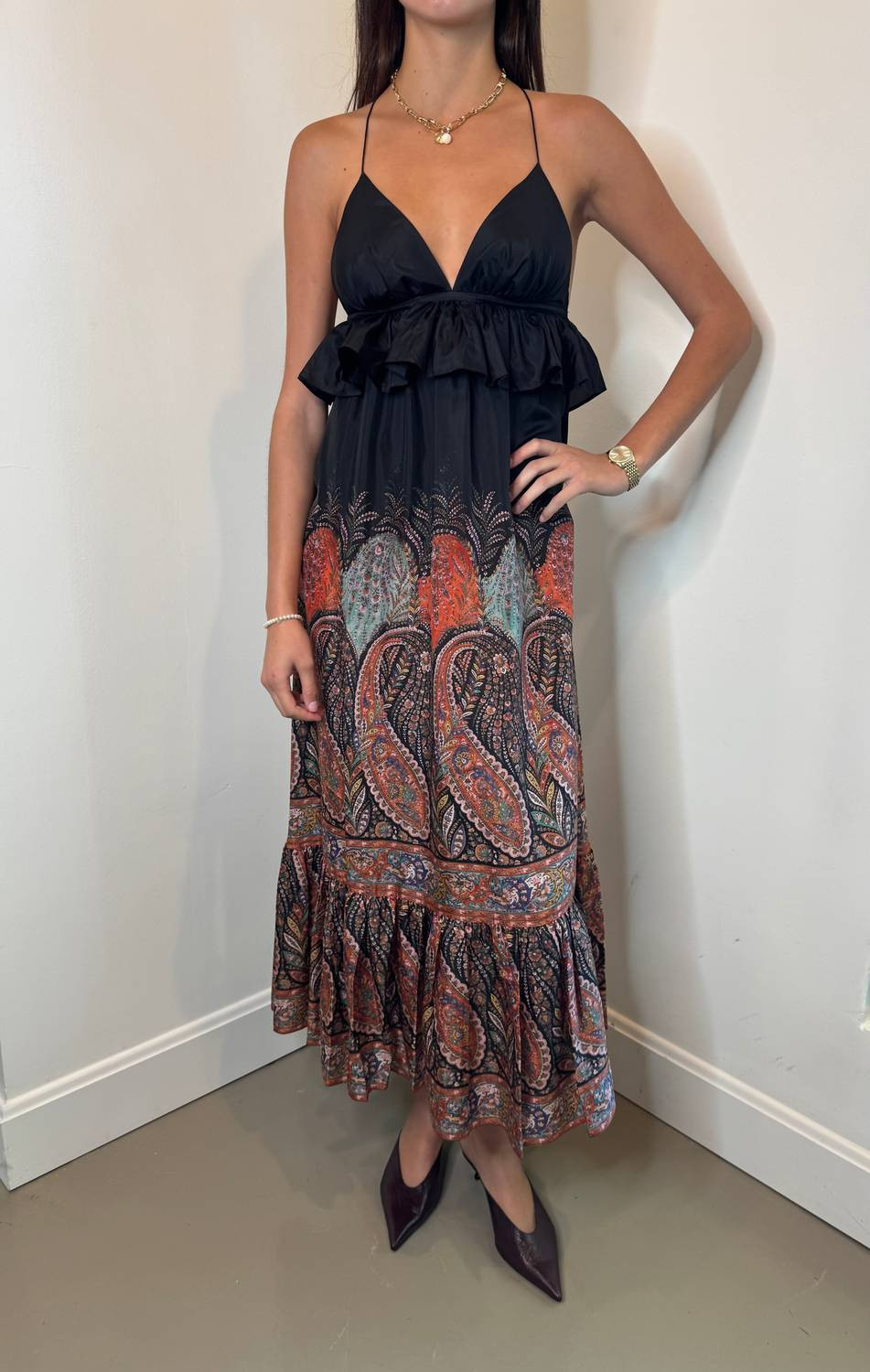 Women's Rhiannon Paisley Ruffle Maxi Dress In Black Paisley | Shop Simon