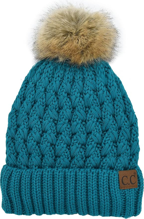 C.C Beanie Women’s Thick Cable Knit Faux Fuzzy Fur Pom Lattice Crossover Fleece Lined Skull Cap... | Amazon (US)