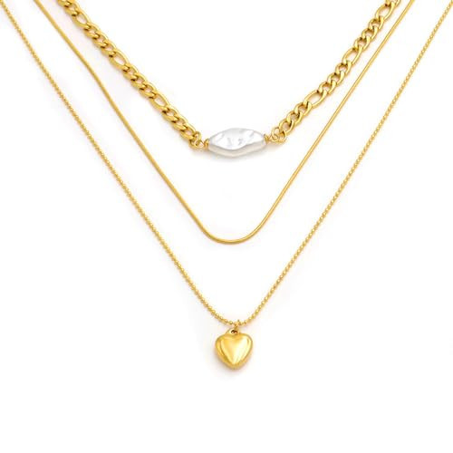 FACOKO Pearl Choker Necklace Women, 18K Real Gold Plated Heart Pendant Necklace, Simple Layering Gold Necklace for Men, Hypoallergenic Baroque Pearl Necklace | Amazon (US)