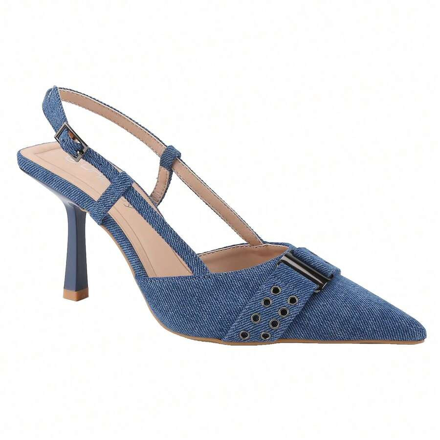 BELOVELY[ORDER-50]Denim Slingback Heel Sandals Closed Pointed Toe Strappy Heels Pumps Ankle Buckl... | SHEIN