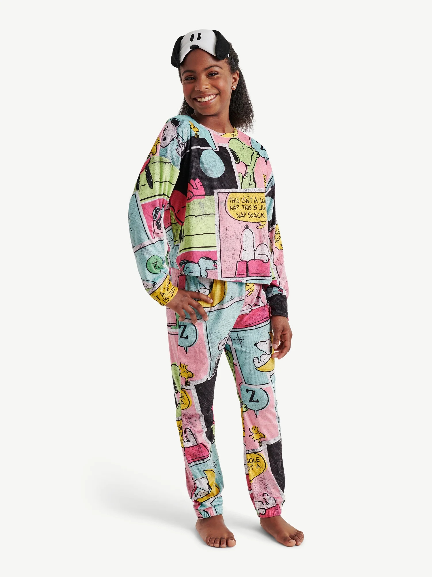 Justice x Snoopy Girls Long Sleeve Top and Sleep Joggers with Eye Mask, 3-Piece Set, Sizes 5-18 | Walmart (US)