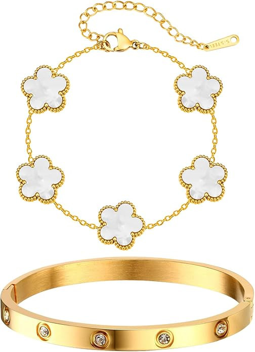 MPRAINBOW Womens Stackable Gold Bracelets Jewelry, 18K Gold Plated Floral Bracelet,Bangles Non Ta... | Amazon (US)