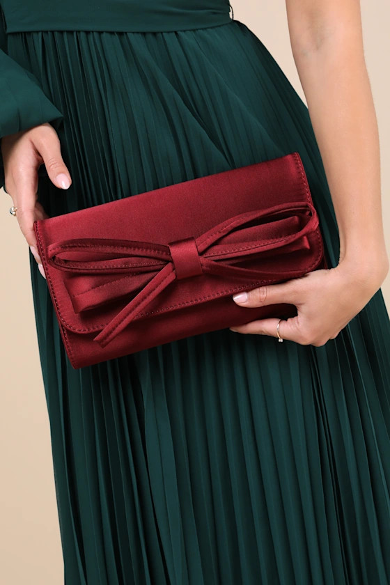 Precisely Dreamy Wine Red Satin Bow Clutch | Lulus